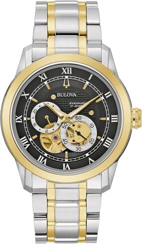 Bulova Men's Classic Sutton 4-Hand Automatic Watch with Gold Stainless Steel, Black Leather Strap,Open Aperture,Exhibition Caseback, Double Curved Mineral Crystal, 42mm (Model: 97A187) in Kuwait