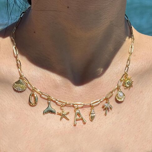 Initial Charm Necklace For Women Shell Letter Necklaces Gold Charms Pendant Boho Summer Seashell Beach 14k Starfish Surfer Jewelry Gifts in Saudi Arabia