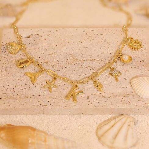 Initial Charm Necklace For Women Shell Letter Necklaces Gold Charms Pendant Boho Summer Seashell Beach 14k Starfish Surfer Jewelry Gifts in Saudi Arabia