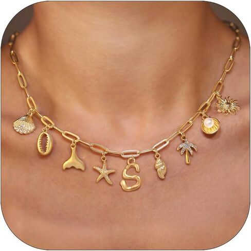 Initial Charm Necklace For Women Shell Letter Necklaces Gold Charms Pendant Boho Summer Seashell Beach 14k Starfish Surfer Jewelry Gifts in Saudi Arabia