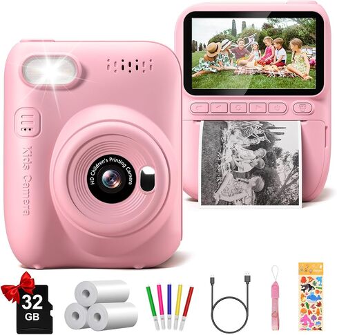 Kids Camera Instant Print, 3.0" HD 1080P Digital Video Cameras with 3 Rolls of Printer Paper for Toddler, Birthday Gifts Toy for 3 4 5 6 7 8 9 10 Year Old Girls Boys with 32GB SD Card-Green in Kuwait