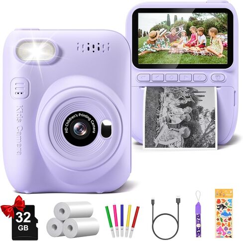 Kids Camera Instant Print, 3.0" HD 1080P Digital Video Cameras with 3 Rolls of Printer Paper for Toddler, Birthday Gifts Toy for 3 4 5 6 7 8 9 10 Year Old Girls Boys with 32GB SD Card-Green in Kuwait
