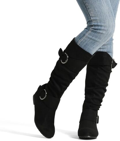 حذاء DREAM PAIRS للسيدات بطول الركبة ومنخفض بكعب عريض مخفي من الجلد السويدي وبطانة من الفرو الصناعي وسحاب جانبي للركبة، مقاس 7.5، أسود، URA in Saudi Arabia