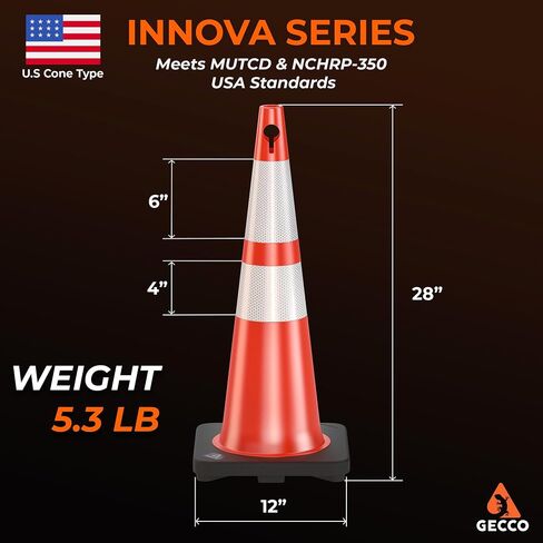 (8 Pack) GECCO ™ 28 Inch 5.3 Lb Traffic Cones with Chain Hole | Tall Orange Caution Road Safety Cone Set for School Parking, Driving Training, Construction | PVC Plastic & Black Base - Innova Series in Saudi Arabia