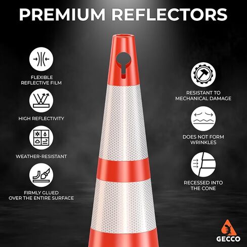 (8 Pack) GECCO ™ 28 Inch 5.3 Lb Traffic Cones with Chain Hole | Tall Orange Caution Road Safety Cone Set for School Parking, Driving Training, Construction | PVC Plastic & Black Base - Innova Series in Saudi Arabia