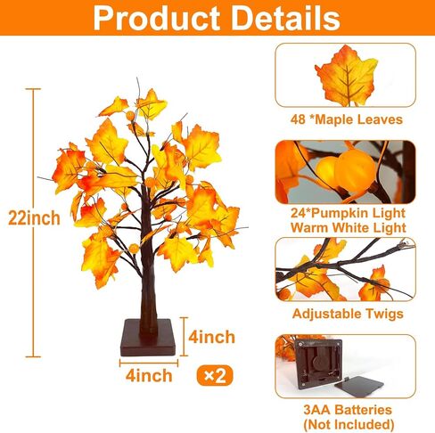 [ Timer ] 22 Inch Fall Decor Maple Tree with 24LED Battery Operated Lighted Pumpkin Tabletop Artificial Maple Leave Tree for Fall Autumn Thanksgiving Halloween Home Decorations Harvest Indoor Decor in Saudi Arabia
