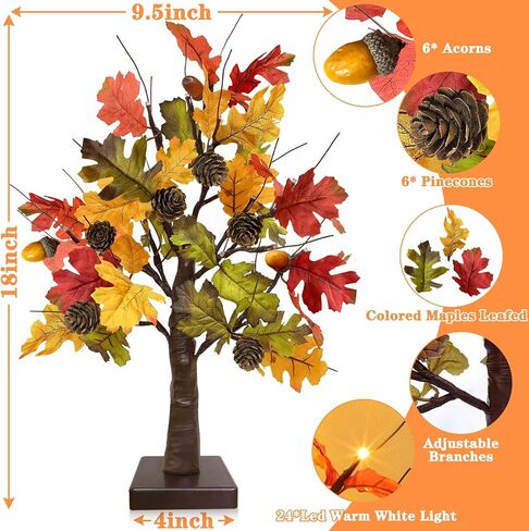 [ Timer ] 22 Inch Fall Decor Maple Tree with 24LED Battery Operated Lighted Pumpkin Tabletop Artificial Maple Leave Tree for Fall Autumn Thanksgiving Halloween Home Decorations Harvest Indoor Decor in Saudi Arabia
