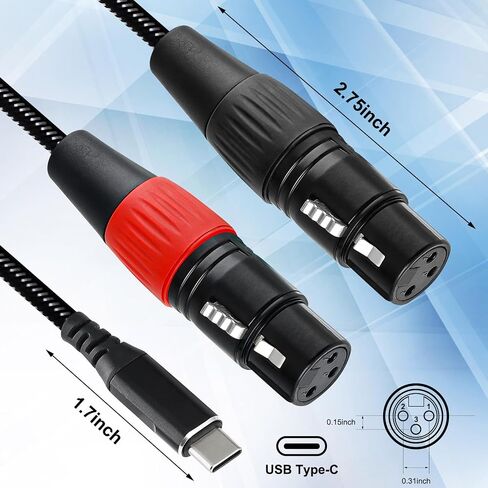USB C to Dual XLR Male Audio Cable, 6.6FT USB C to 2 Male XLR Stereo Power Amplifier Cable for Mobile Phone USB C Connection Active Speaker, Black Braided in Saudi Arabia