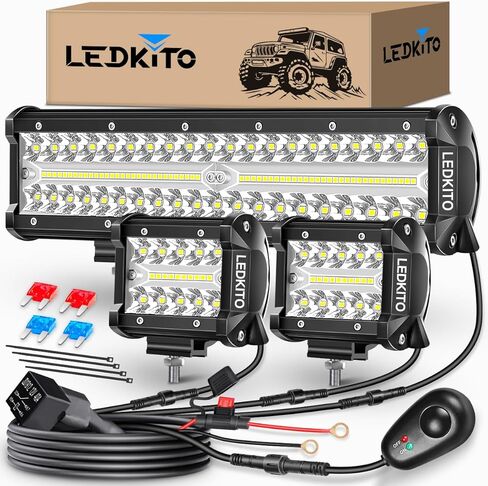 12 Inch LED Light Bar and 2PCS 4 Inch LED Pods with Rocker Switch 16AWG 3 Lead Wiring Harness Kit Off Road Light Bar Spot Flood Combo Triple Row Light Bar for Je-ep UTV Truck Tractor in Kuwait