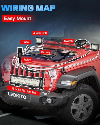 12 Inch LED Light Bar and 2PCS 4 Inch LED Pods with Rocker Switch 16AWG 3 Lead Wiring Harness Kit Off Road Light Bar Spot Flood Combo Triple Row Light Bar for Je-ep UTV Truck Tractor in Kuwait