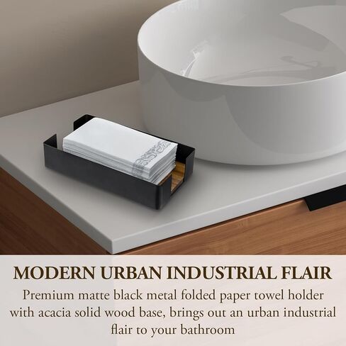 MyGift Premium Matte Black Metal ​Folded Paper Towel Holder with Acacia Solid Wood Base, Commercial Guest Bathroom Countertop Disposable Napkin Dispenser Tray in Saudi Arabia