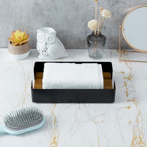 MyGift Premium Matte Black Metal ​Folded Paper Towel Holder with Acacia Solid Wood Base, Commercial Guest Bathroom Countertop Disposable Napkin Dispenser Tray in Saudi Arabia