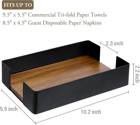 MyGift Premium Matte Black Metal ​Folded Paper Towel Holder with Acacia Solid Wood Base, Commercial Guest Bathroom Countertop Disposable Napkin Dispenser Tray in Saudi Arabia