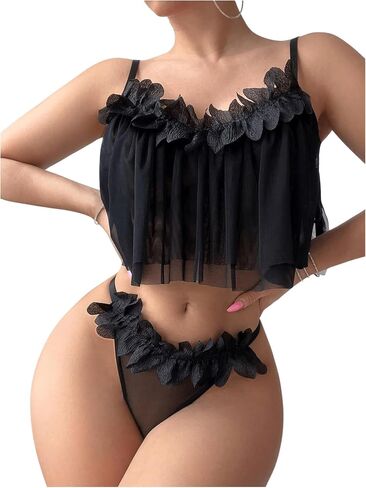 OYOANGLE Women's 2 Piece Lingerie Babydoll Floral Appliques Sheer Mesh Bra and Low Rise Thong Set in Saudi Arabia