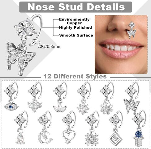 Henoyso 12 Pcs Dangle Nose Rings Hoops Heart Butterfly Cartilage Earring Cute Nose Rings Dangling Nose Piercing Jewelry for Women Adult 20G in Saudi Arabia