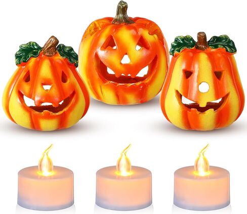 Pumpkin Tea Light Holder 3 Pumpkin Candle Holders with 3 Tea Lights Resin Pumpkin Decorations Tabletop Indoor Halloween Decorations for Party Holiday in Saudi Arabia