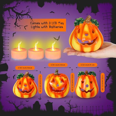 Pumpkin Tea Light Holder 3 Pumpkin Candle Holders with 3 Tea Lights Resin Pumpkin Decorations Tabletop Indoor Halloween Decorations for Party Holiday in Saudi Arabia