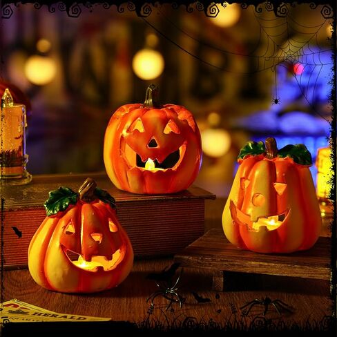 Pumpkin Tea Light Holder 3 Pumpkin Candle Holders with 3 Tea Lights Resin Pumpkin Decorations Tabletop Indoor Halloween Decorations for Party Holiday in Saudi Arabia