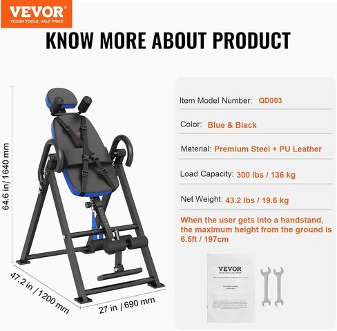 VEVOR Inversion Table, 300lbs Capacity Heavy Duty Inversion Table, Decompression Back Stretcher Machine, Strength Training Equipment with Headrest, Ankle Lock, Adjustable Protective Belt in Saudi Arabia