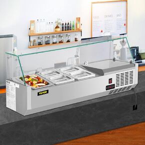 VEVOR Refrigerated Condiment Prep Station, 60-Inch, 16.8Qt Sandwich/Salad Prep Table with 4 1/3 Pans & 4 1/6 Pans, 150W Salad Bar with 304 Stainless Body and Cover Temp Adjuster One-Click Defrosting