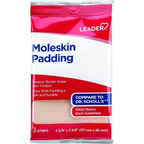 LEADER Moleskin Pads, Protects from Shoe Friction, Blisters, Corns, Calluses, Extra Thick Padding, Cushioning & Pain Relief, Trim Moleskin Sheets to Fit, Strip Size 4 5/8?? x 3 3/8??, 3 Strips