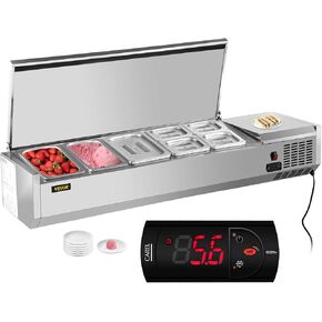 VEVOR Refrigerated Condiment Prep Station, 60-Inch, 16.8Qt Sandwich/Salad Prep Table with 4 1/3 Pans & 4 1/6 Pans, 150W Salad Bar with 304 Stainless Body and Cover Temp Adjuster One-Click Defrosting
