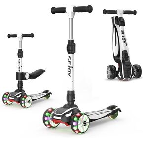 Sejoy Toddler Kick Scooter for Kids with 3 Wheels Extra-Wide Childrens Foldable Toy Scooter with Adjustable Height/Handlebars & Folding Seat for Kids Ages 3+(Blue)