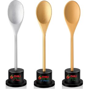 Misdary 3 قطع من جوائز Chili Cook Off Trophies، مجموعة جوائز الملعقة الأولى والثانية والثالثة من Chili Cook Off Spoons كأس ملعقة خشبية مع قاعدة كأس خشبية لهدايا الطبخ والخبز