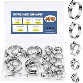 30PCS Adjustable Hose Clamps Kit, 1/4'' to 2'' (6-51mm) - 304 Stainless Steel Worm Gear Clamps for Plumbing, Automotive, Mechanical, Radiator, Pool, Industrial, and Home Applications