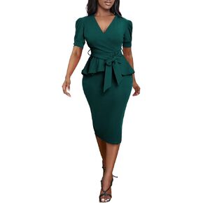Elegant Green Church Dress for Women Sexy V Neck Ruched Sleeves Midi Dress Ruffles Vintage Pencil Dress for Business Casual Outfits