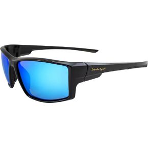 Belize Polarized Sunglasses for Men or Women Sporty Wraparound Black Frame w/Blue Mirror Lens