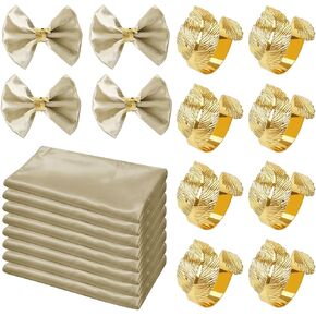 16-Pack Gold Napkin Rings and Satin Napkins 8-Piece Set, Smooth Fabric Napkins and Napkin Holders for Wedding Reception Personalized Napkins Bride's Wedding Banquet Napkins (White, 17 x 17 inches)