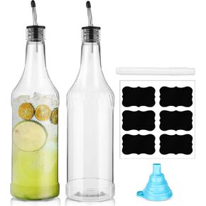 32 oz 4 Packs Plastic Long Neck Bottles with Pourer and Caps Plastic Juice Pour Bottles with Stainless Steel Bottle Pourer Tapered Spout for Liquor Juice 4 Bottles and 4 Pourers (Silver)