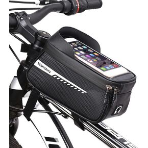 Bike/Bicycle Phone Holder Bag, Bicycle Front Frame Bag, Waterproof Tube Bag, Bike Accessories, Cycling Pouch with TPU Touch-Screen& Sun-Visor Compatible Phone Under 6.5" (Black)