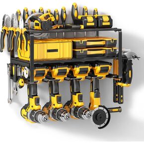 Power Tool Organizer Wall Mount - 150Lbs Load 3 Layers Storage Rack with 4 Drill Holders for Drills Cordless Tools. Heavy Duty Iron Garage Tool Organizer Storage for Workshop Shed Pegboard Basement
