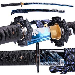 Japanese Samurai Katana Sword, 1060 High Carbon Steel Traditional Handmade, Blue Flame Full Tang, High-Performance/Razor-Sharp, Gifts for Men/Boys