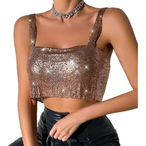Sexy Crop Top for Women Metal Sequins Tank Top Sleeveless Glitter Tube Top Body Chain for Rave Party Clubwear