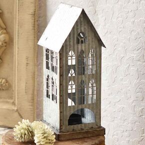 Orchid & Ivy 12.5-Inch Tall Rustic Galvanized Metal Decorative Tin House Candle Holder Decoration – Country Farmhouse Tabletop Mantel Shelf Tea Light Lantern Indoor Outdoor Home Decor