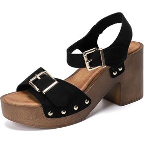 WomenS Suede Platform Chunky heel retro Sandals with Adjustable Buckle Fashion One word belt Platform Block Heels Open toe Wedding Party Dress Studded Sandals