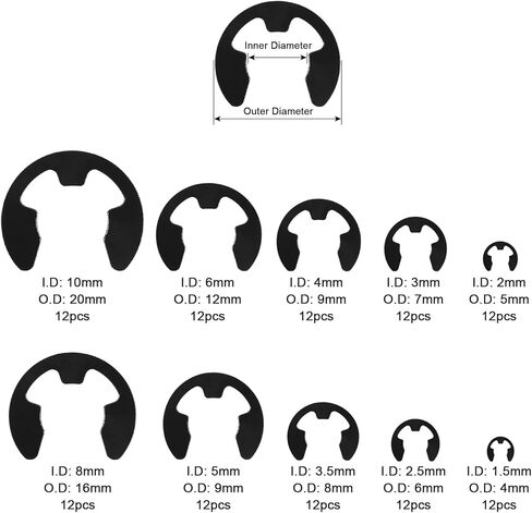 DIANN 120pcs E-Clip Assortment Kit E-Clip External Retaining Ring Assortment Set 10 Sizes M1.5-10 Circlip Snap Retainer Rings Opening Snap Ring Circlip Set in Kuwait