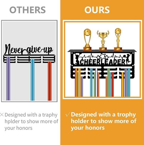 CREATCABIN Cheerleader Medal Holder Trophy Shelf Medal Hanger Display Rack Hanging Awards with Shelf Stand 3 Lines Design Hold 70+ Medals for Cheerleader Cheerlead Race Winner Member 11.4x5.1 Inch in Saudi Arabia
