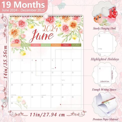 GuassLee Wall Calendar 2024-2025, 2024 Calendar Wall, 18-Months Hanging Calendar Jul. 2024 to Dec. 2025, 14" x 11" Monthly Planner Wall with Thick Paper, Plant Design for Office School Home Teacher in Saudi Arabia