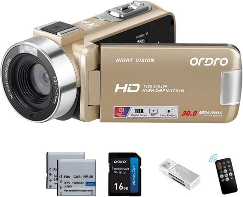 ORDRO Video Camera Camcorder Full HD 1080P 30FPS 30MP, IR Night Vision Vlogging Camera Recorder for YouTube 3.0 Inch IPS Screen 18X Zoom Camcorders with 16G SD Card, 2 Batteries Remote Control in Saudi Arabia