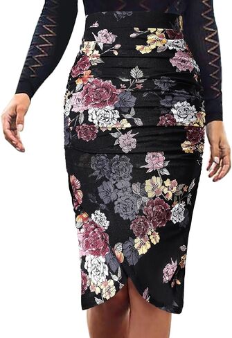 VFSHOW Womens Black Pink Floral Printed Ruched Shirred High Waist Tulip Wrap Cocktail Party Bodycon Pencil Skirt 10040 BLK L in Saudi Arabia