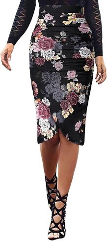 VFSHOW Womens Black Pink Floral Printed Ruched Shirred High Waist Tulip Wrap Cocktail Party Bodycon Pencil Skirt 10040 BLK L in Saudi Arabia