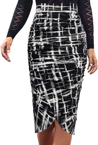 VFSHOW Womens Black Pink Floral Printed Ruched Shirred High Waist Tulip Wrap Cocktail Party Bodycon Pencil Skirt 10040 BLK L in Saudi Arabia