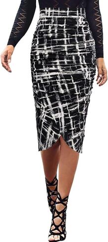 VFSHOW Womens Black Pink Floral Printed Ruched Shirred High Waist Tulip Wrap Cocktail Party Bodycon Pencil Skirt 10040 BLK L in Saudi Arabia