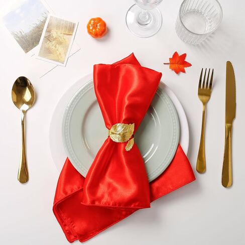 مجموعة مكونة من 16 قطعة من حلقات المناديل الذهبية ومناديل الساتان، مناديل قماشية ناعمة وحوامل مناديل لحفلات الزفاف، مناديل مخصصة لحفلات زفاف العروس (أبيض، 17 × 17 بوصة) in Kuwait