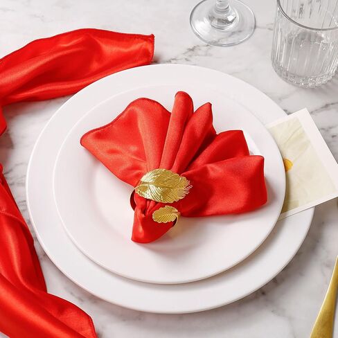 مجموعة مكونة من 16 قطعة من حلقات المناديل الذهبية ومناديل الساتان، مناديل قماشية ناعمة وحوامل مناديل لحفلات الزفاف، مناديل مخصصة لحفلات زفاف العروس (أبيض، 17 × 17 بوصة) in Kuwait