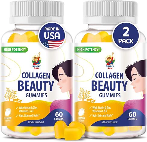 SUNNY SAM Beauty Collagen Gummies for Women & Men - 60 Chewable Vitamins, 30-Day Supply - Enhanced Hair Skin and Nails Gummies - 2500mcg Biotin, Vitamin A, Zinc Supplement - Natural Berry Flavor in Saudi Arabia
